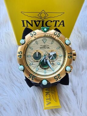 Invicta Gold Tone Chronograph Watch with Green Accents Original Brand New
